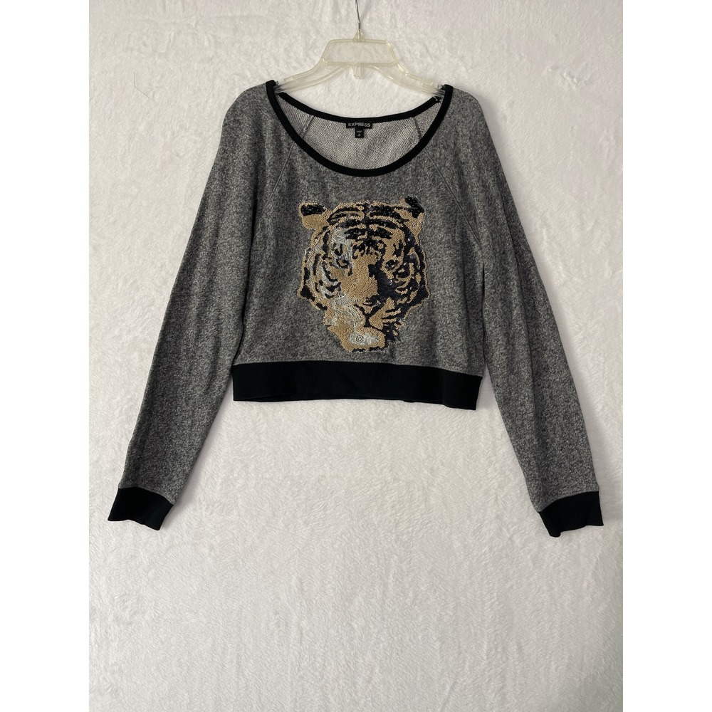 Express Womens Grey Sequin Tiger Graphic Cropped Sweatshirt Sz Small Y2K Boho